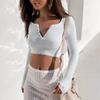 Graceful Personality Best Selling Women's Clothes Sexy Silm Solid Color and V-neck Knitting Breasted Pullover Short Long Sleeve Top