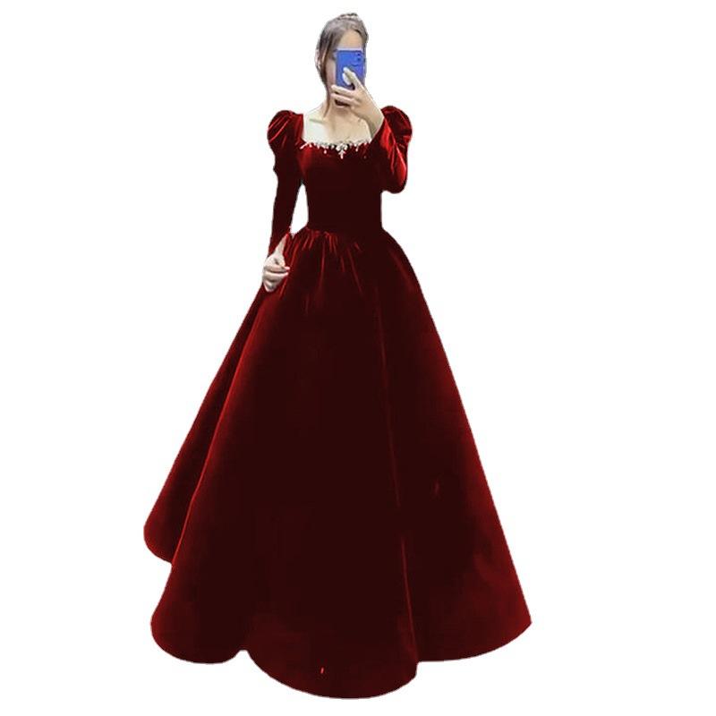 1011 New toast dress, morning gown, bride red long-sleeved evening dress, women's wedding engagement dress, evening dress