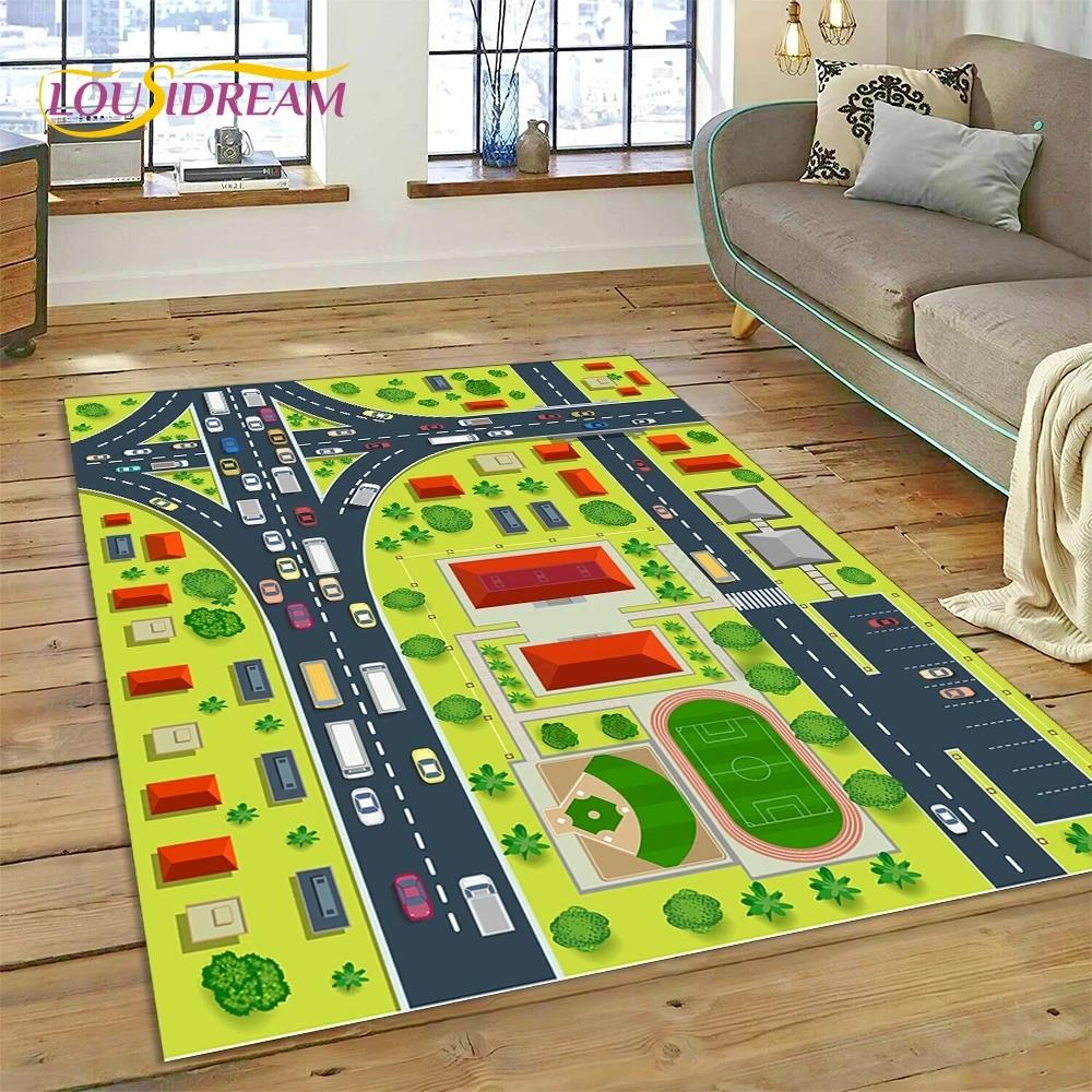 3D Highway Runway Playroom City Traffic Road Map Child PlayMat Rug Carpet for Living Room Bedroom Home Decor,Non-slip for Sofa