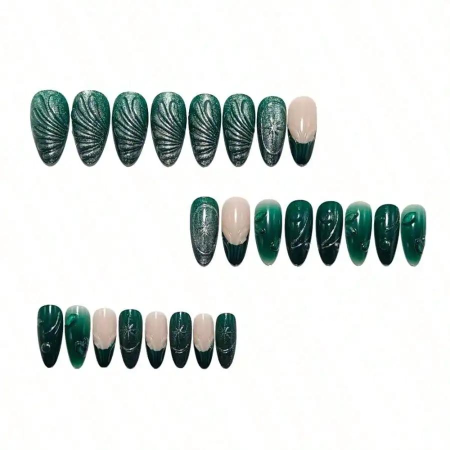 24Pcs Cool-Tone Green Press On Nails 3D Wavy French Cat Eye For Women Party Daily