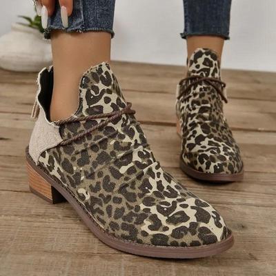 Buty kowbojskie dla kobiet Jesienne buty damskie z nadrukiem w panterkę w stylu retro Wygodne buty damskie na niskim obcasie w dużych rozmiarach