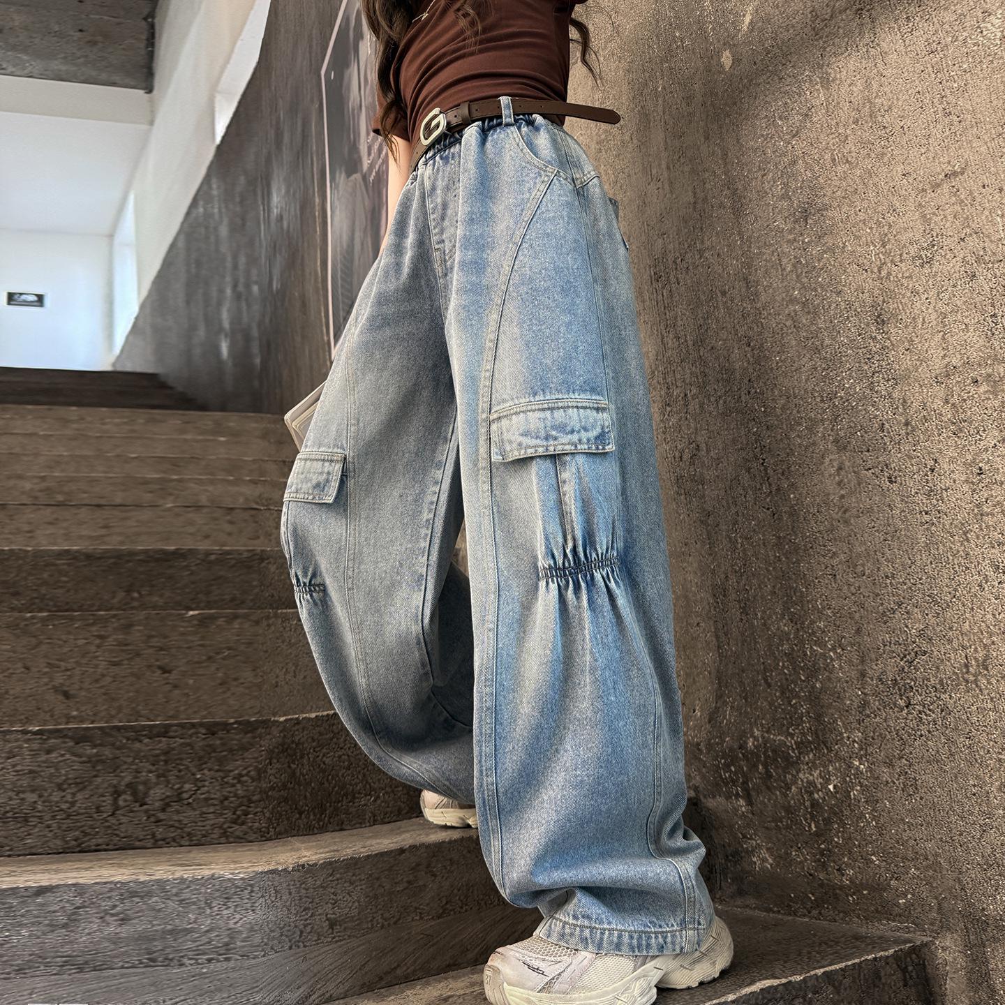 

2025 Весна/Осень Универсальные джинсы деним широкие штанины для девочек для повседневной носки - Подходят для детей среднего и старшего возраста 120 cm синий