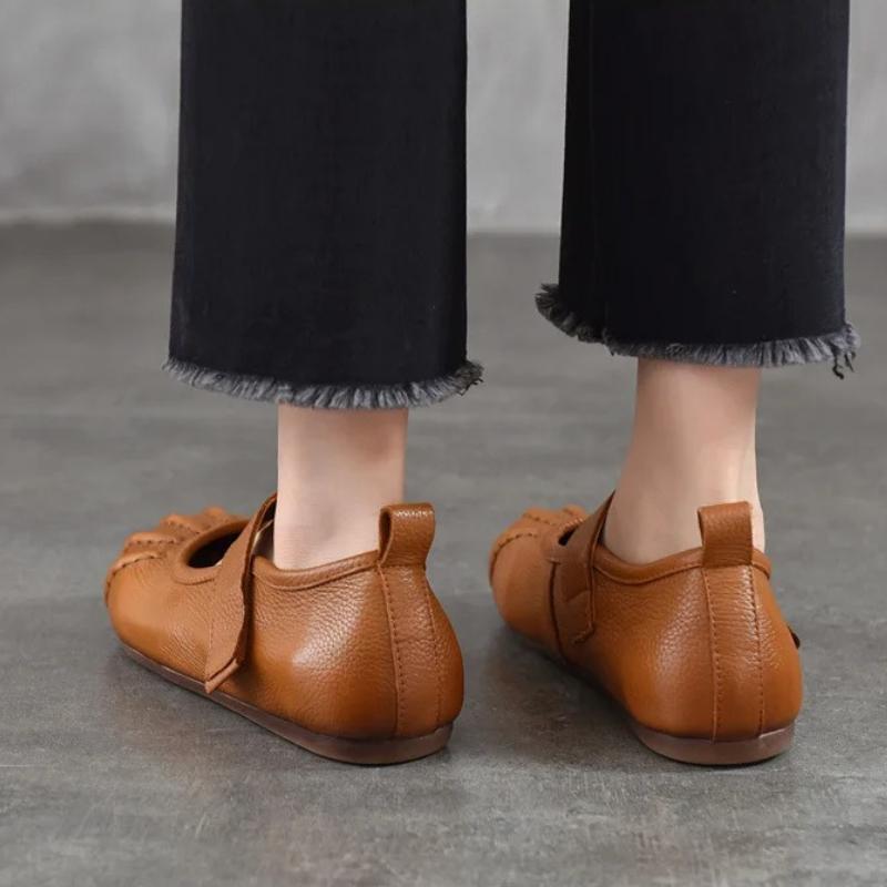Johnature Echt Leer Zachte Zool Lage Uitsparing Platte Schoenen Comfortabele Ronde Neus Damesschoenen