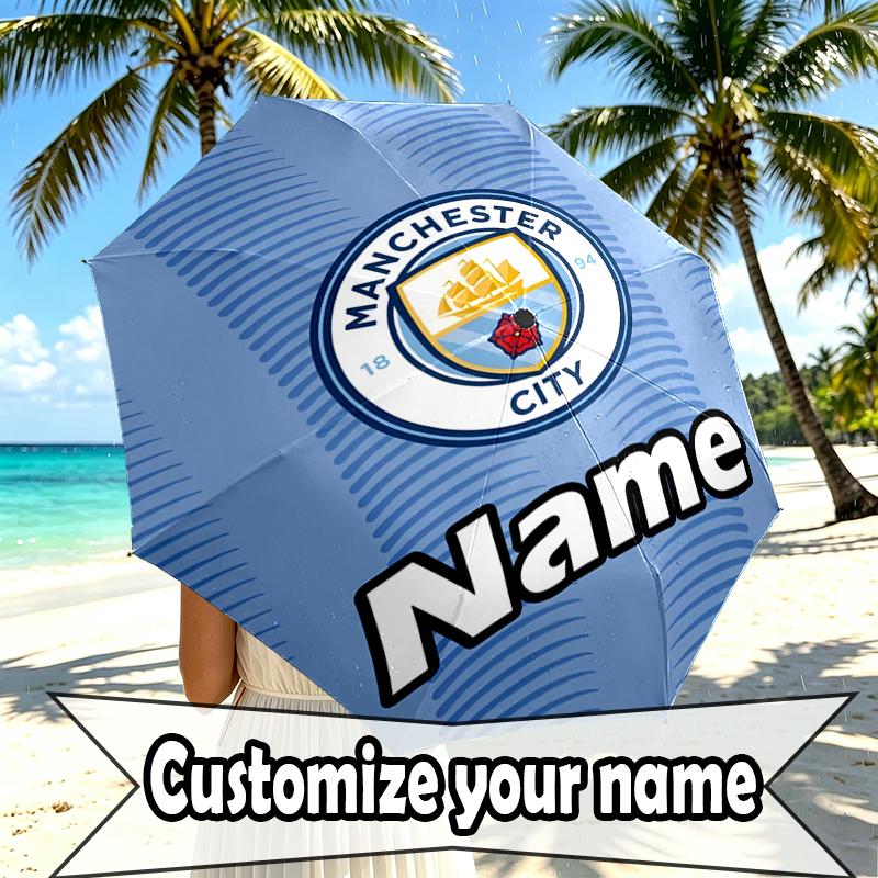 Custom Name Personalized Manchester City FC Print Umbrella, Auto Open Close, 8‑Rib Sturdy Frame, Commute Camping Hiking Use, Birthday Gift