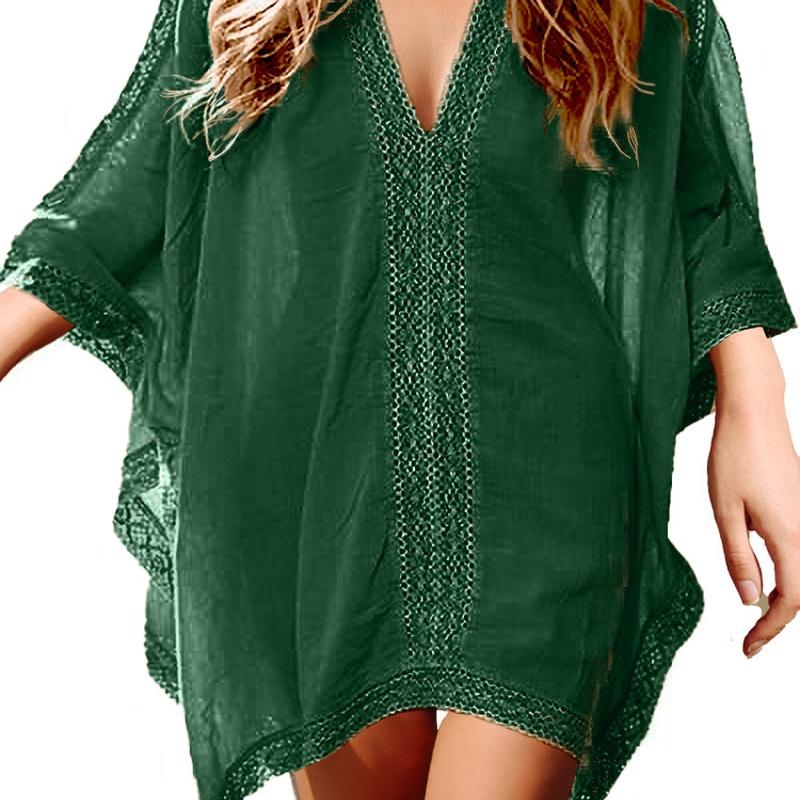 Women's Beach Cover Up V Neck Batwing Sleeve Lace Trim Loose Fit Summer Tunic