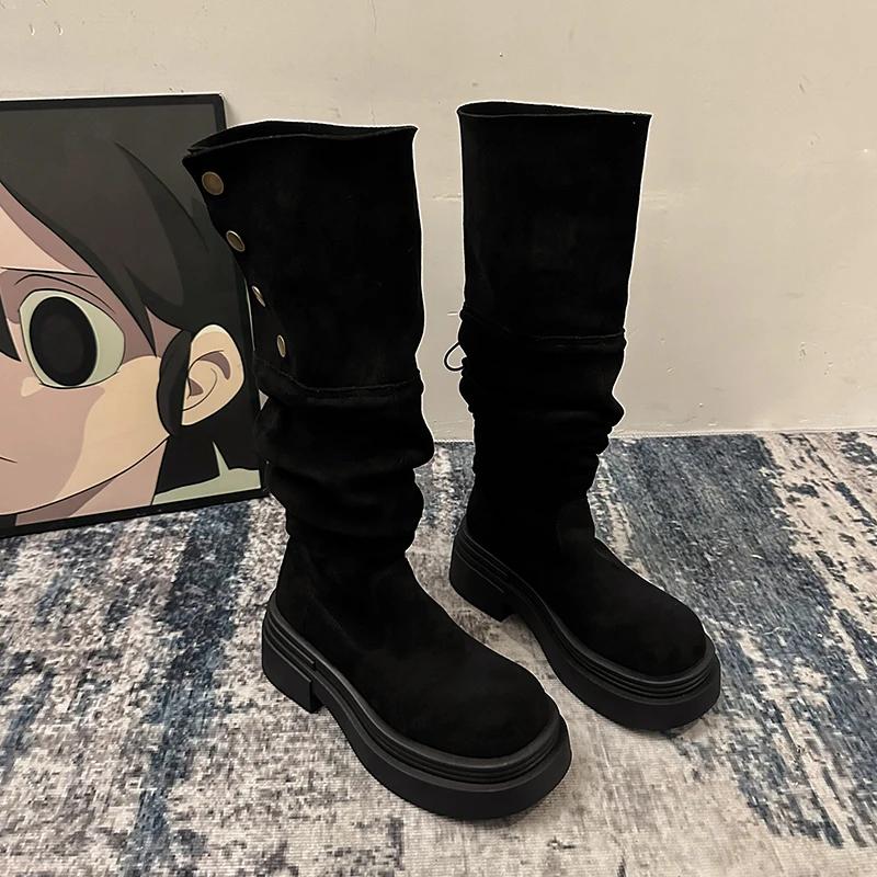 Winter Plateau Damen Oberschenkelhohe Stiefel Mode Slipper Lange Stiefeletten Vintage Prägnante Dicke Absatzschuhe