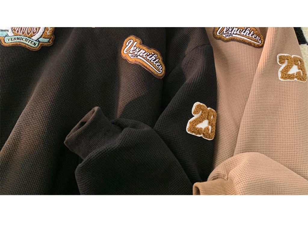 Męska bluza polo waflowa: Modny Haftowany Kołnierz, Styl Retro Amerykański, Ciężka Kurtka z Długim Rękawem na Wiosnę i Jesień