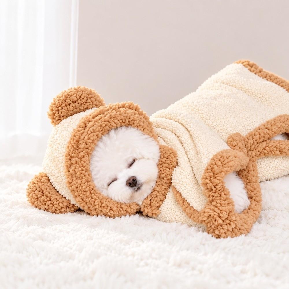 Thick Fleece Pet Cape Cloak Bear Ear Design Pet Sleeping Blanket for Small Medium Cats Dogs