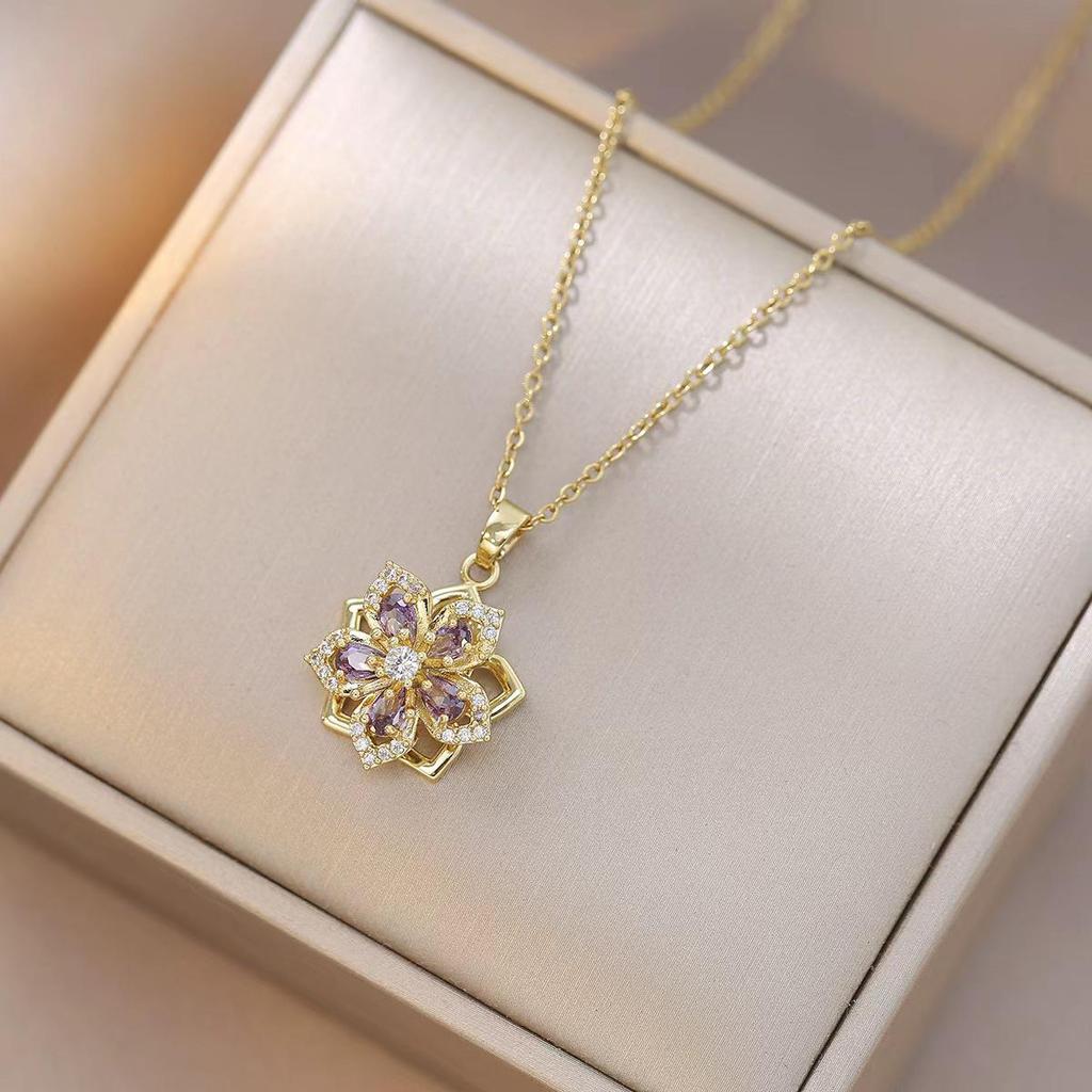 Bauhinia Zircon Flower Pendant: Rotating Titanium Steel Necklace for Women