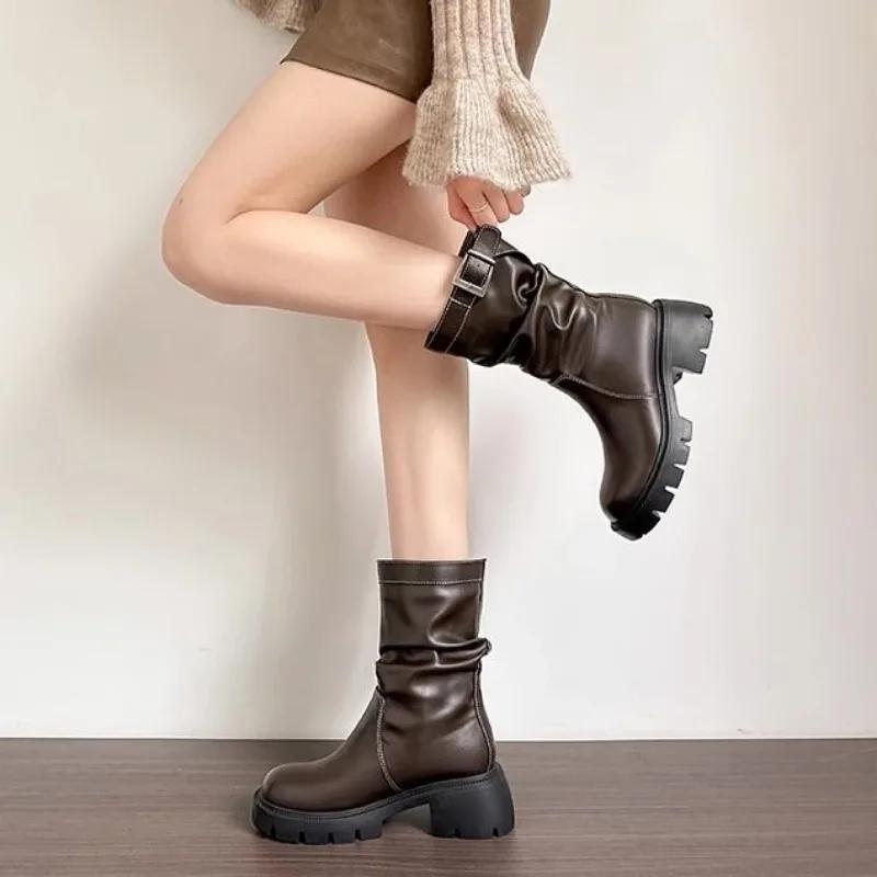 Mode Damen Mid-Calf Schuhe Runde Zehe Damen Halbstiefel Mittelhoher Absatz Leder Sale 2024 Neu Frühling Herbst Stiefel Goth Pu Hot in Rock