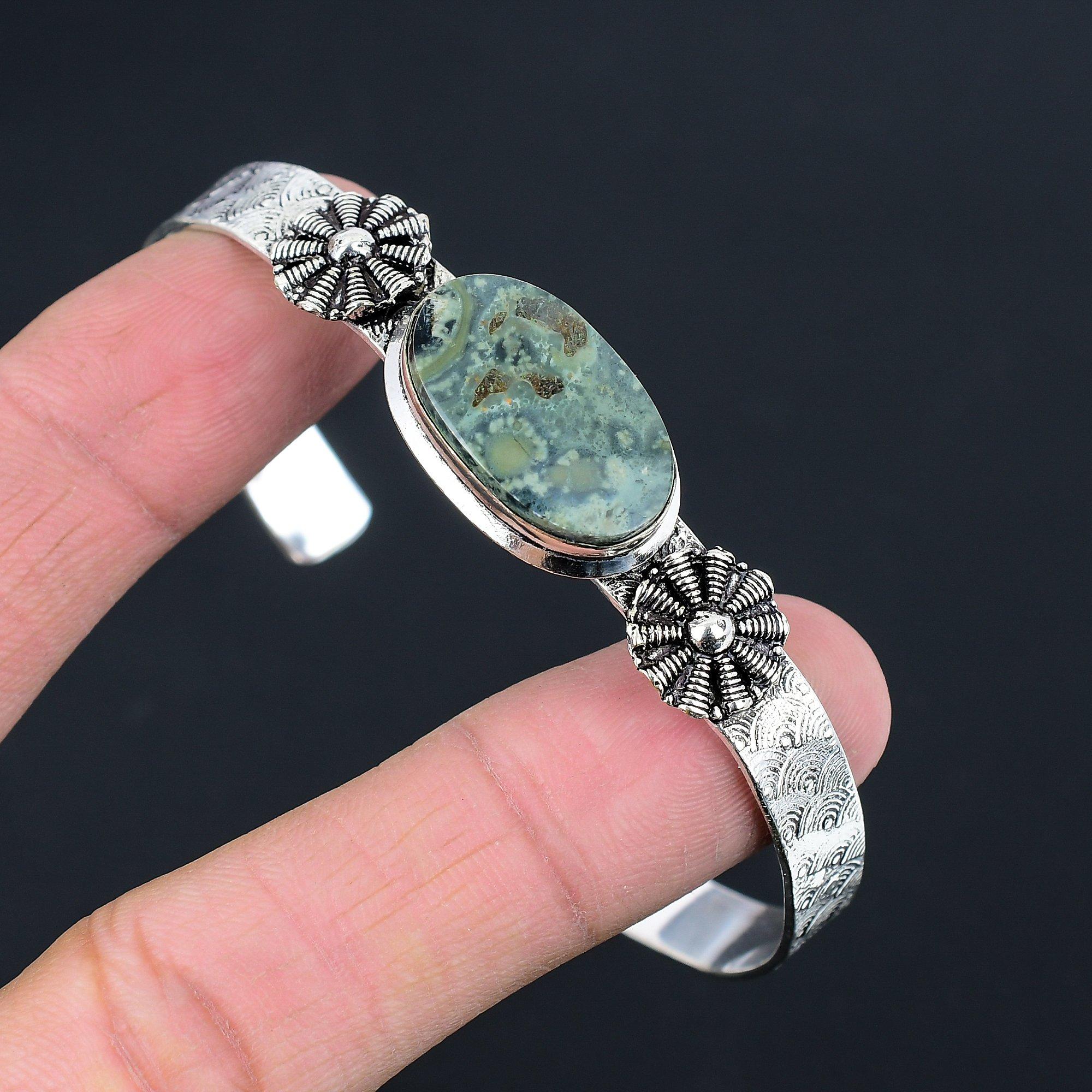 

Natural Kambaba Jasper Gemstone Bangle Green Adjustable 925 Sterling Silver Adjustable