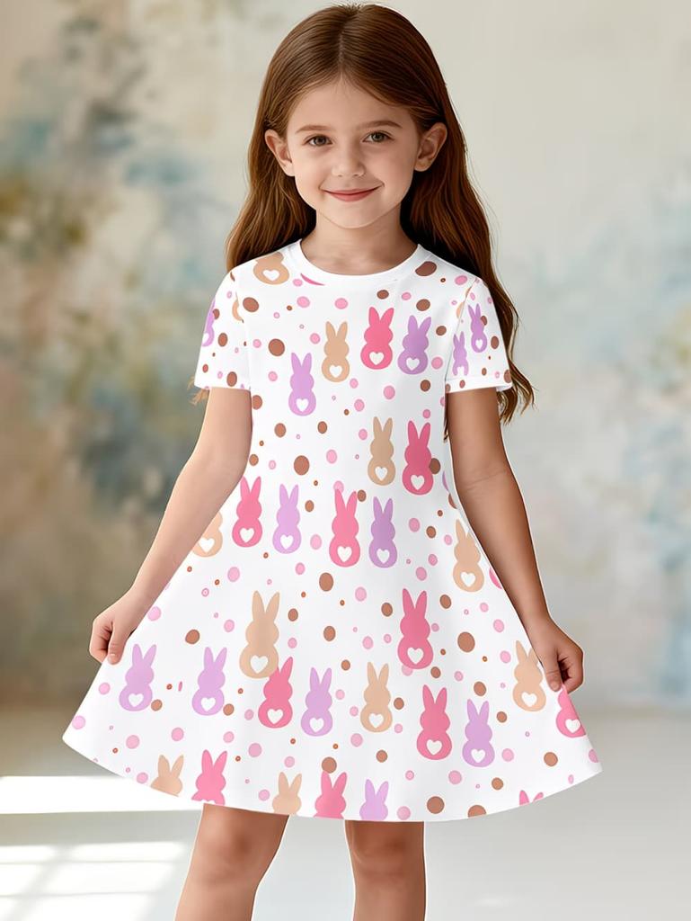 Girl Clothes Cute Rabbit Graphic Printed Girls' Princess Dress Summer Casual Dress for Girls Outfit O-Neck Birthday Gift Clothes