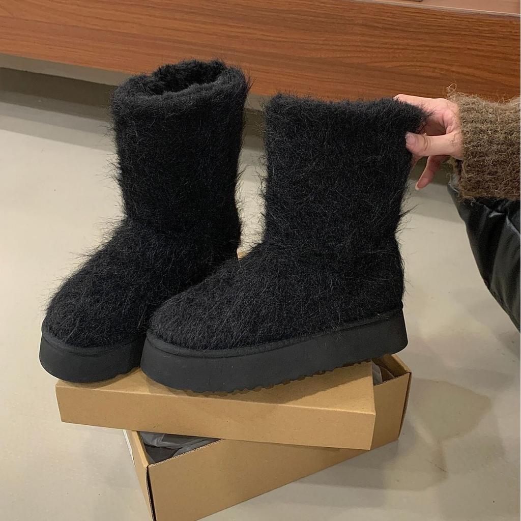 2025 Autumn and Winter New Round-headed Mink Hairy Medium Tube Warm Velvet Snow Boots Fashionable Platform Short Boots