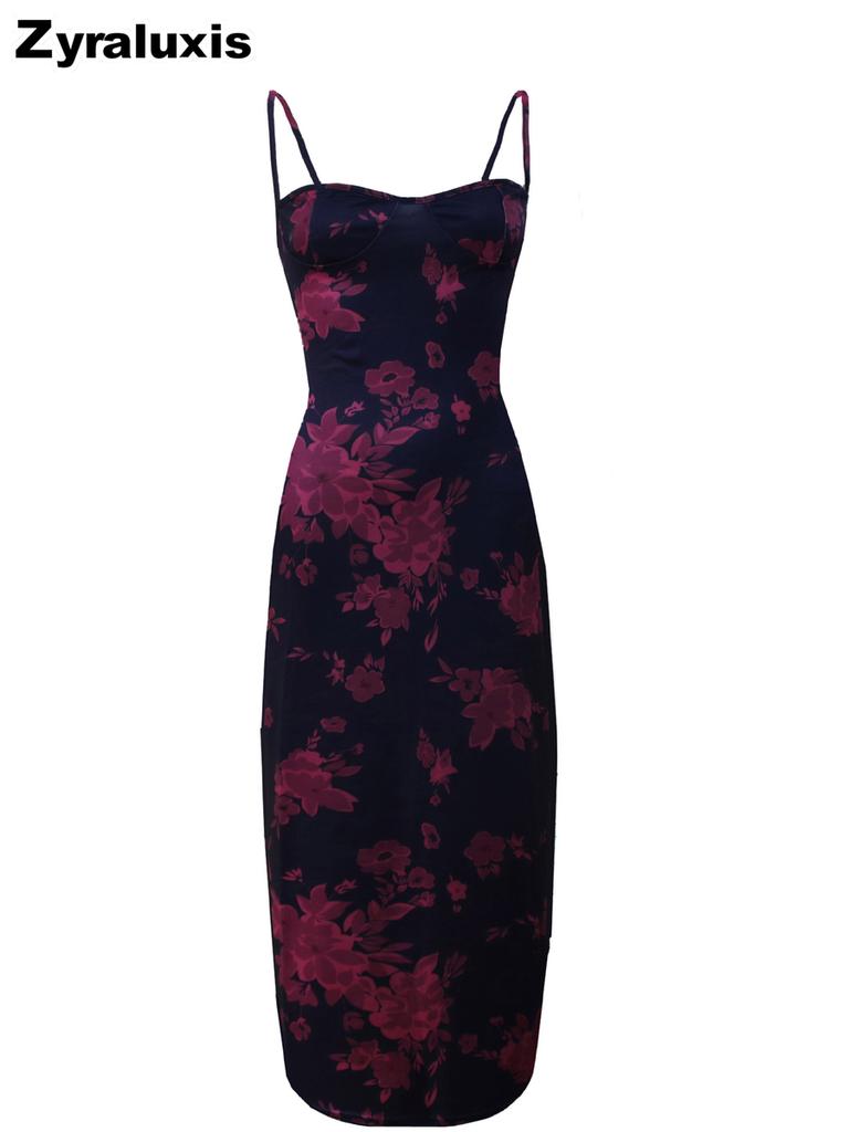 Women's Elegant Slim Fit Ruched Waist Dress Floral Print Long Gown