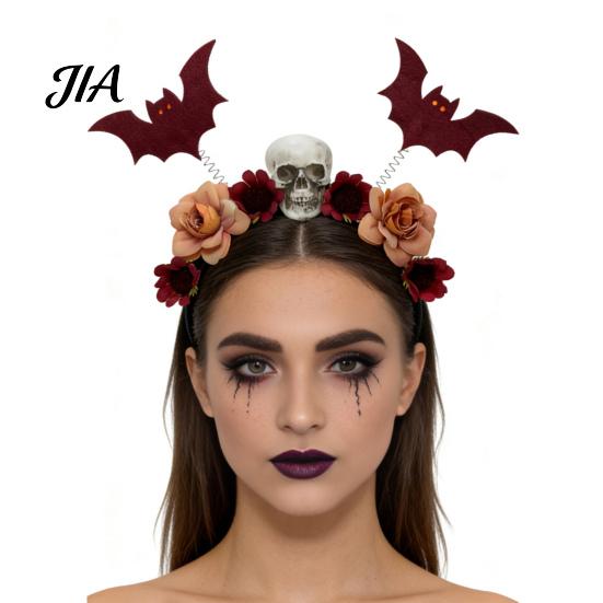 Comfortable Halloween Hairbands Flower Skeleton Bat Headband, Gothic Floral Skull Hair Bands, Spooky Decorative Cloth Headbands for Events Accessory,