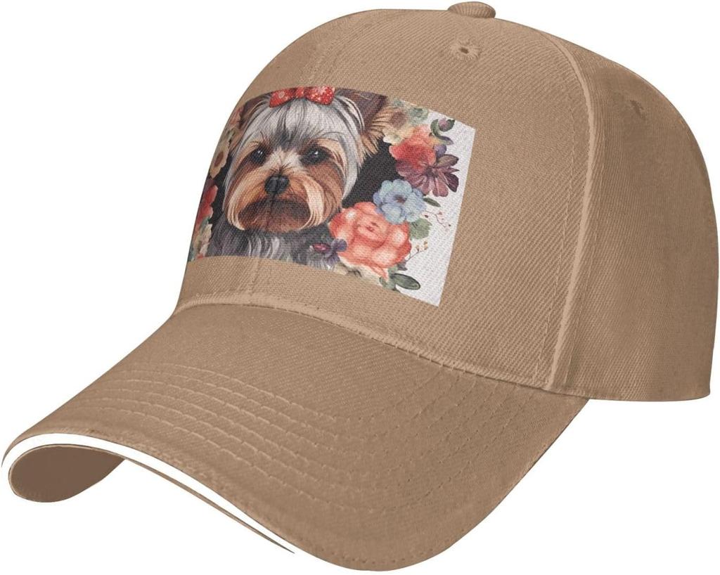 Yorkie Floral Print Baseball Cap Polyester Adjustable Casual Golf Dad Hat for Unisex