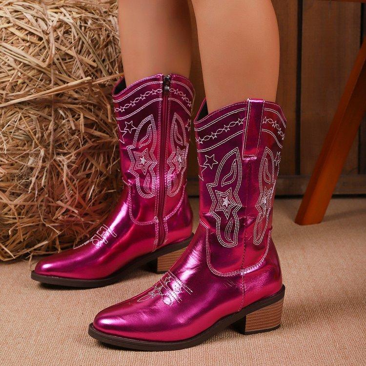 Autumn foreign trade large size retro style thick heel high boots women's cross-border embroidery color matching temperament side zipper knight boots