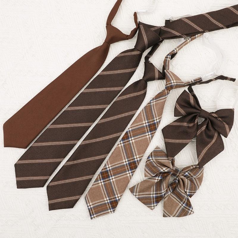 Brown Checkered Striped Neck Tie Pre-Tied Bowtie for Japanese JK School Uniform