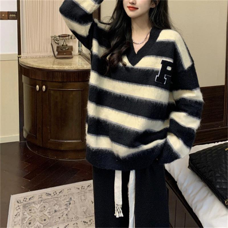 

YYFS Женская мода Повседневный Осень Зима Полосатый Принт Длинный Рукав V-образный Вырез Свитера One Size