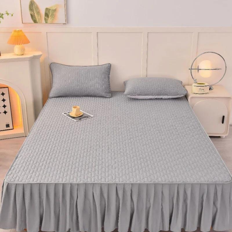 Solid Cotton Fitted Sheet Bed Skirt 2-in-1 Mattress Dust Protection Cover King Size Modern Minimalist