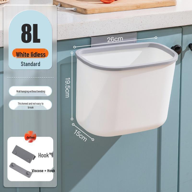 

Настенное кухонное мусорное ведро с крышкой - Большое бытовое мусорное ведро для ванной и туалета No Lid 8L White + Hooks