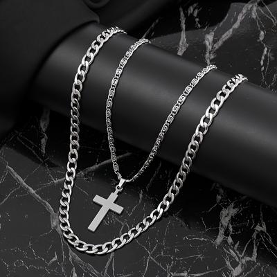 Stainless Steel Necklace Personalized Cross Necklace Cuban Chain High-end Titanium Steel Jewelry Two-piece Set