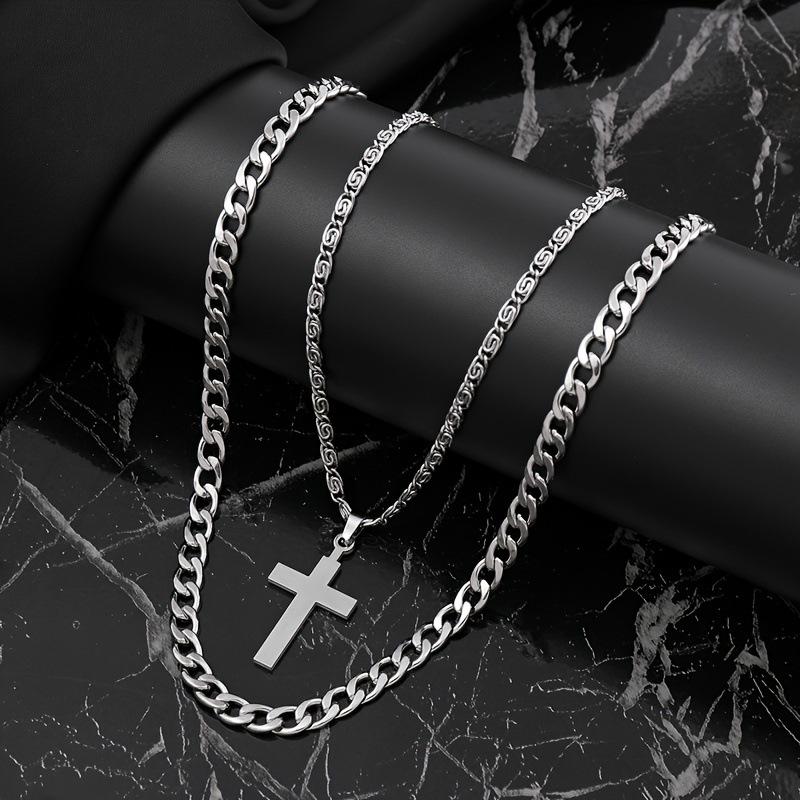 

Stainless Steel Necklace Personalized Cross Necklace Cuban Chain High-end Titanium Steel Jewelry Two-piece Set Steel color two-piece set