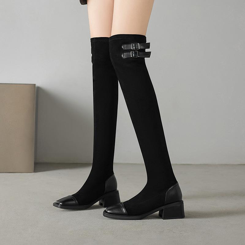 Gürtelschnalle Elastische Skinny Stiefel Overknee Stiefel Ohne Hosen Stiefel Pole Dance Stiefel mit Dickem Absatz 33-43 Große Größen Stiefel