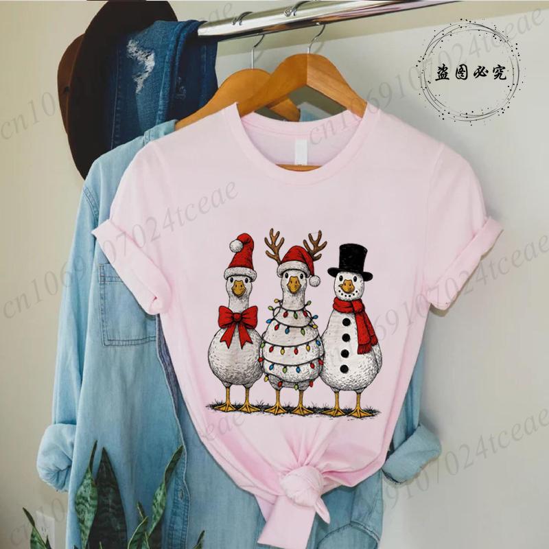 Vintage Jul Gås Tryck Unisex T-shirts Kläder Rund Hals T-shirt Kort Ärm Avslappnad Topp Tomte Gås Unisex Kläder