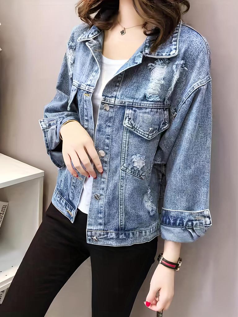 New Korean Style Short Denim Jacket - Loose Ripped Batwing Sleeves for a Chic Look