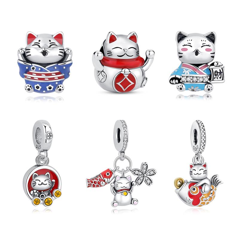 Original 925 Sterling Copper Charms Maneki Neko Lucky Fortune Cat Beads Pave CZ Fit Brand Bracelets Necklaces Women Zircon