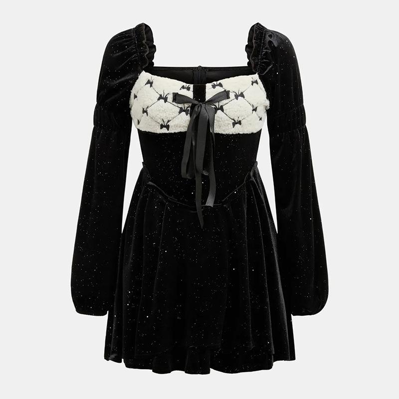 

Платье из бархата с длинными рукавами, квадратным воротником и бантом в стиле «Темперамент» XL чёрный