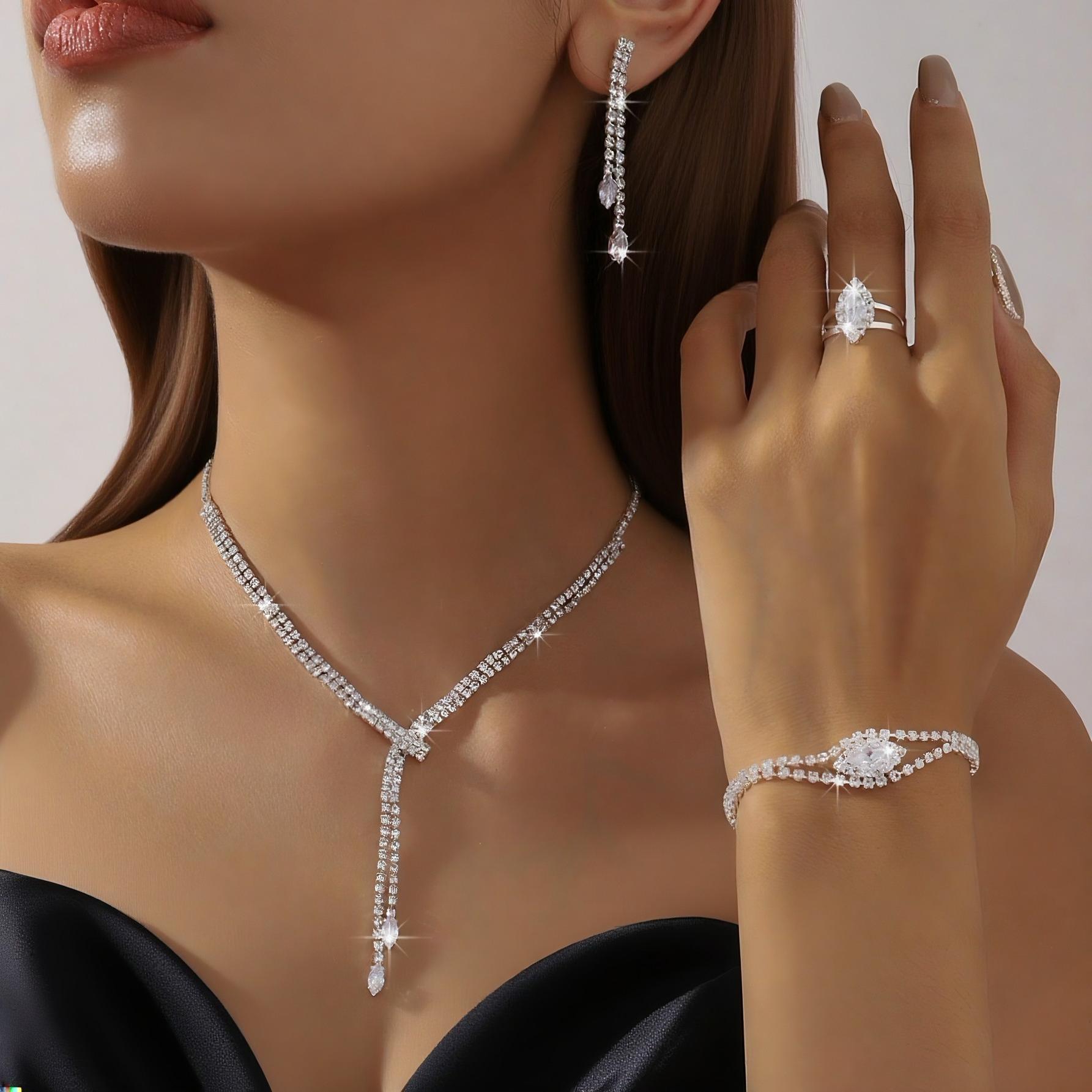 Элегантный набор украшений с бриллиантами: Ожерелье, Серьги, Браслет, Кольцо для Свадеб и Банкетов