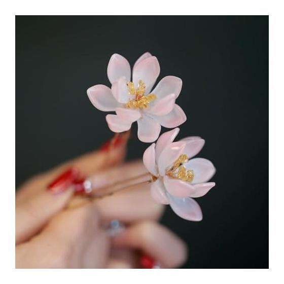 Pearl U-Pin Hair Accessories Set of 2 (Cherry Blossom) - Handmade Floral Rhinestone Hair Pins for Women - Bridal Wedding Party Graduation Kimono