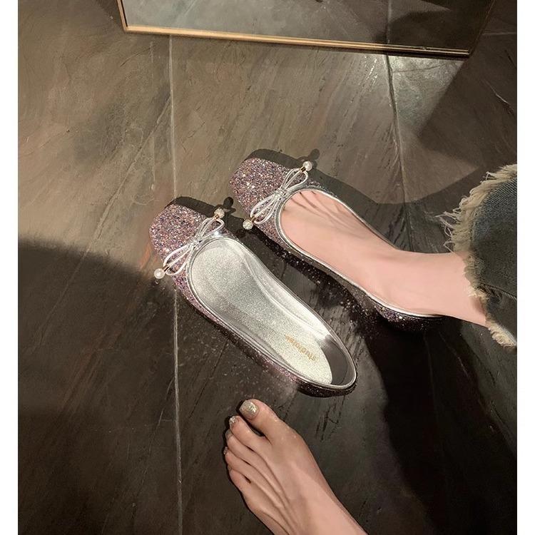 Grape mother, the same 2025 spring and autumn new square head bow light mouth exquisite pearl ballet leather shoes