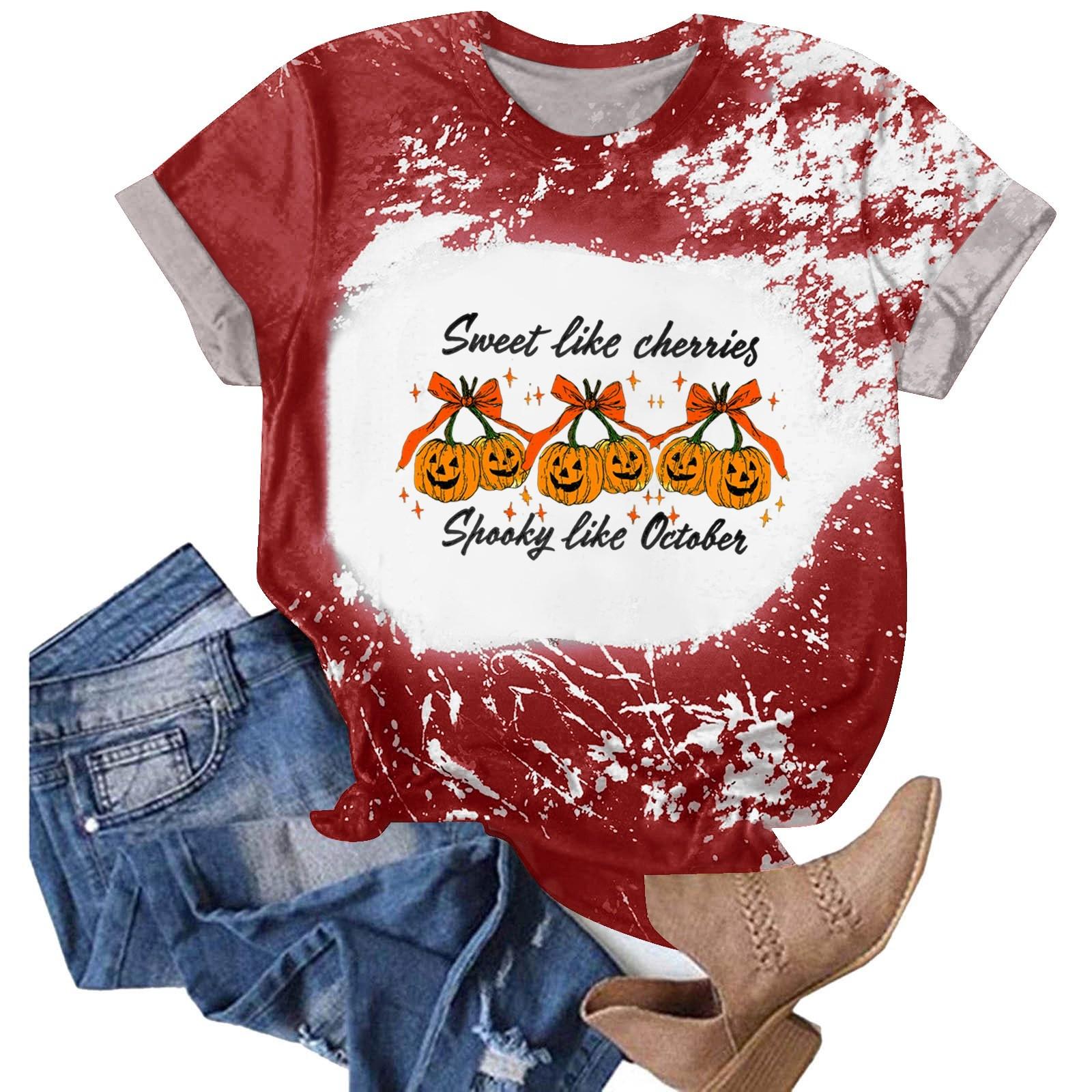 

Хэллоуинские футболки для женщин Милая футболка Осенняя футболка Градиентные графические футболки Повседневные топы с коротким рукавом S винный