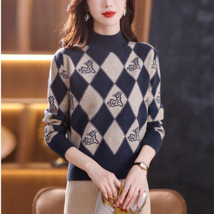 Fall/Winter Vintage Jacquard Sweater Women High Neck Knit Sweater Short Thick Loose Print Knitwear Top Jumper