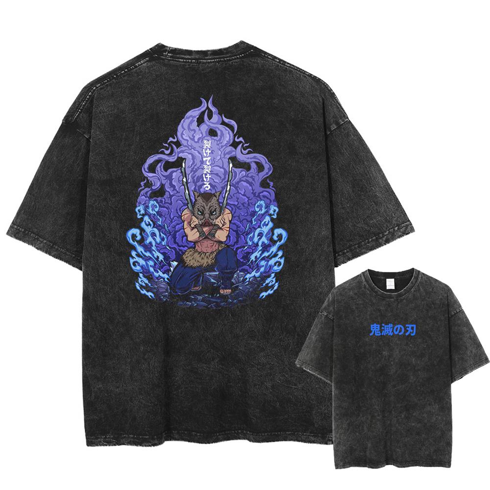 Demon Slayer Anime Print T-shirt Summer Washed Retro T-shirt Harajuku Style for Men Casual Outdoor Daily Wear Street Style