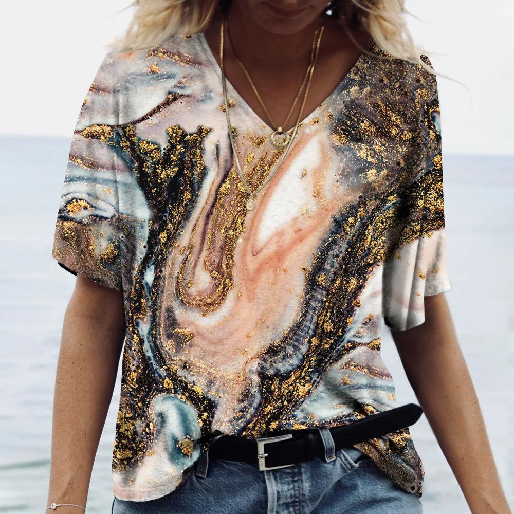 Summer V-neck 3D Marble Pattern Printed Top Fashionable Casual Short Sleeved Women's T-shirts