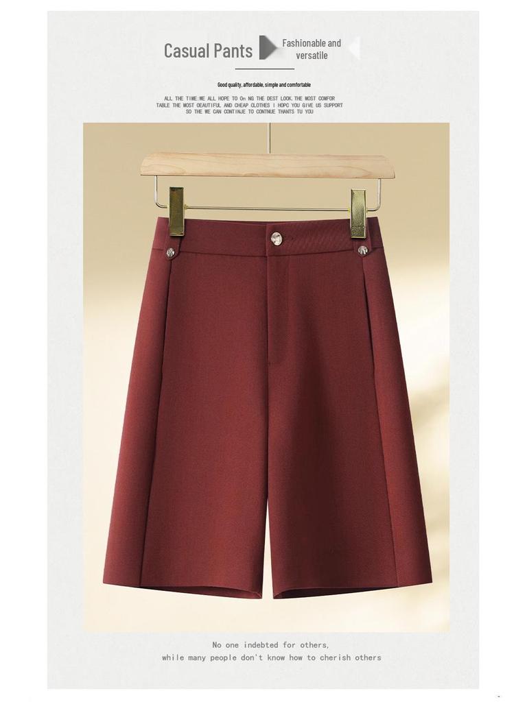 2025 Spring/Summer Women's High-Waist Red A-Line Slimming Wide-Leg Shorts