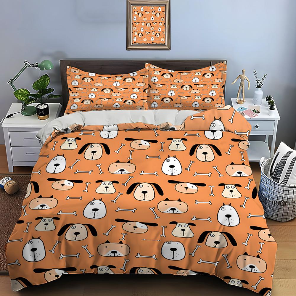 Cartoon dog heads bones background Duvet Cover Set Digital Print Colorful Polyester Bedding with Zipper Closur for kids gifts