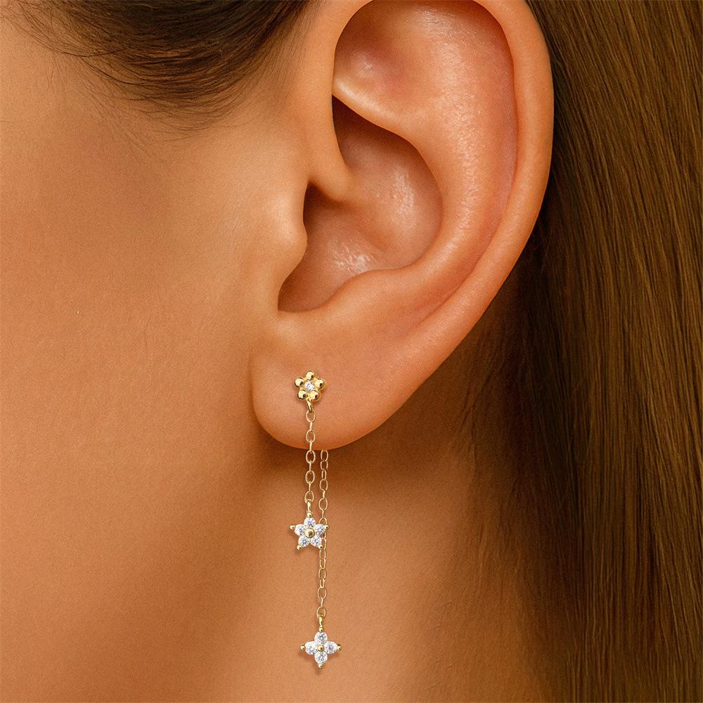 Factory 925 Sterling Silver Star Flower Double-layer Tassel Chain Stud Earrings Zircon Gold Plated Earrings for Women