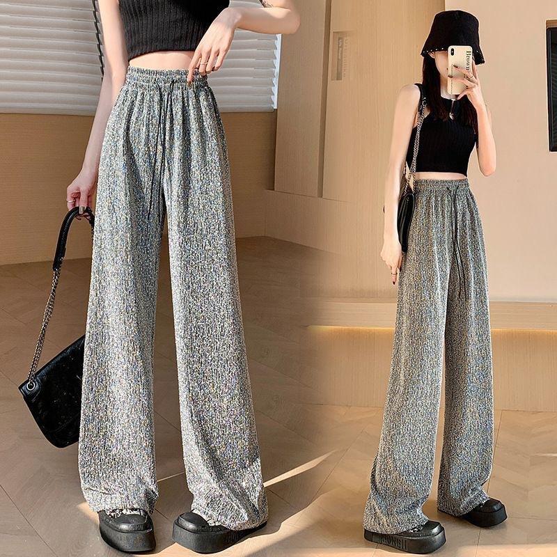 Women's Spring/Summer High-Waisted Wide-Leg Pants with Heavy Embellishments Lurex Threads Sparkling Stylish Loose Drapey Straight-Leg Casual Trousers