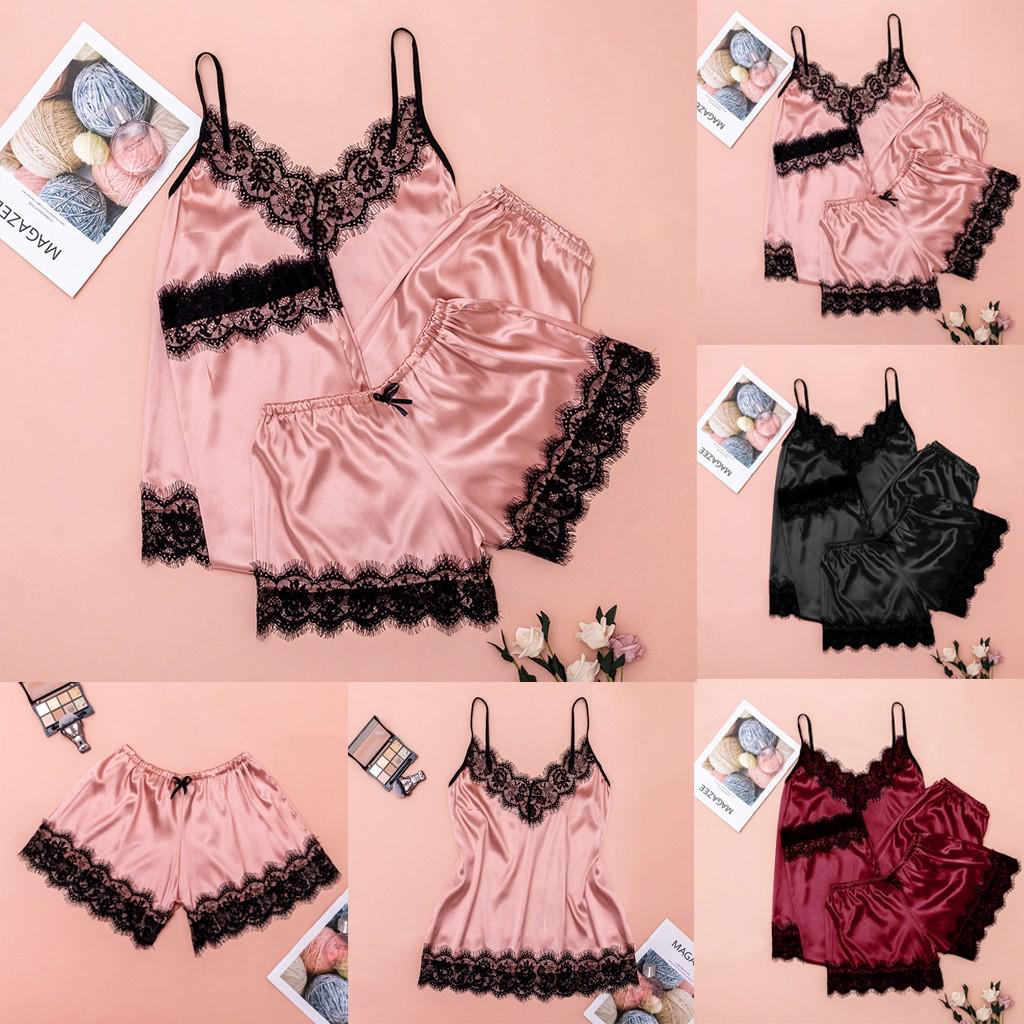 

3PC Женщины Кружева Атлас Пижама Нижнее белье Camisole Бант Брюки Повседневная пижама