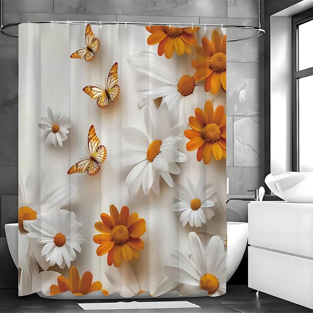 Orange White Floral Butterfly Shower Curtain, Bathroom Decorative Shower Curtain, Waterproof Shower Curtain With Hooks