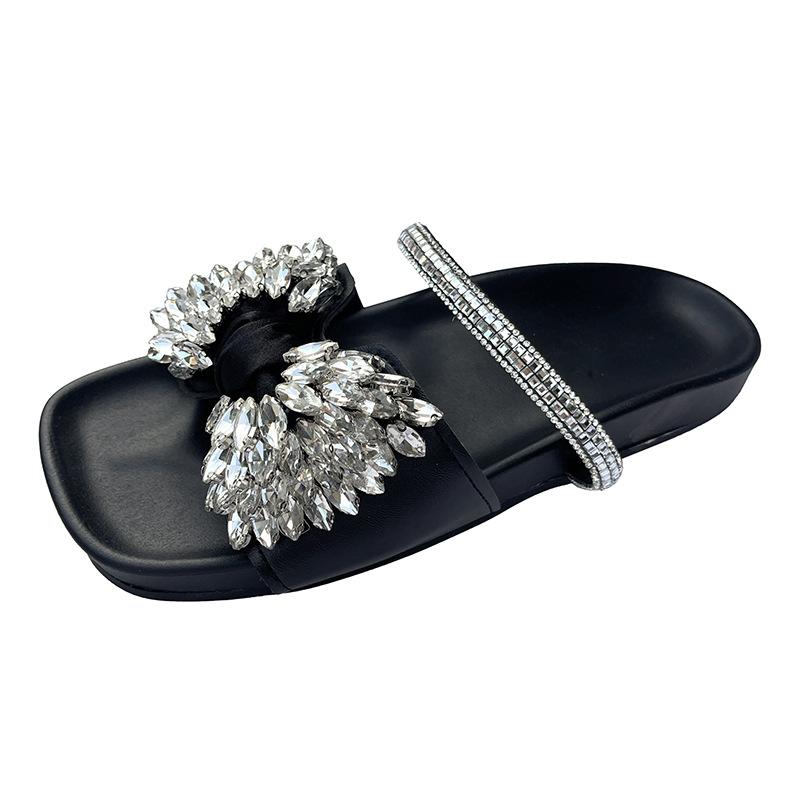 2025 new European flat-bottomed bow rhinestone slippers women's cross with satin open-toed fashion outer slippers