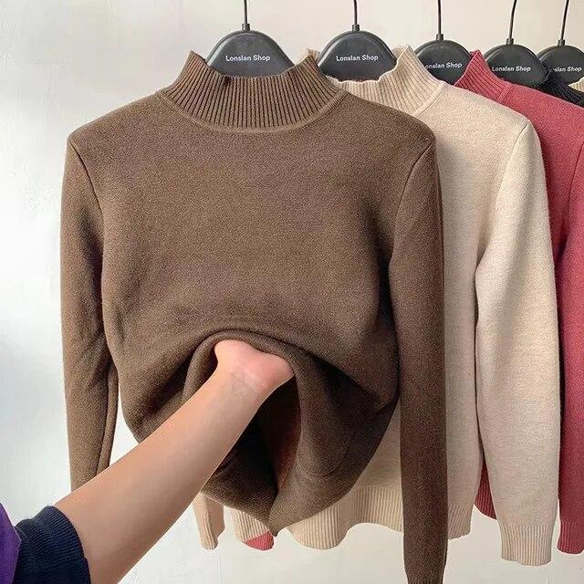 Thicken Velvet Turtleneck Sweater Women Korean Fashion Lined Warm Sueter Knitted Pullover Slim Top Winter Jersey Knitwear Jumper