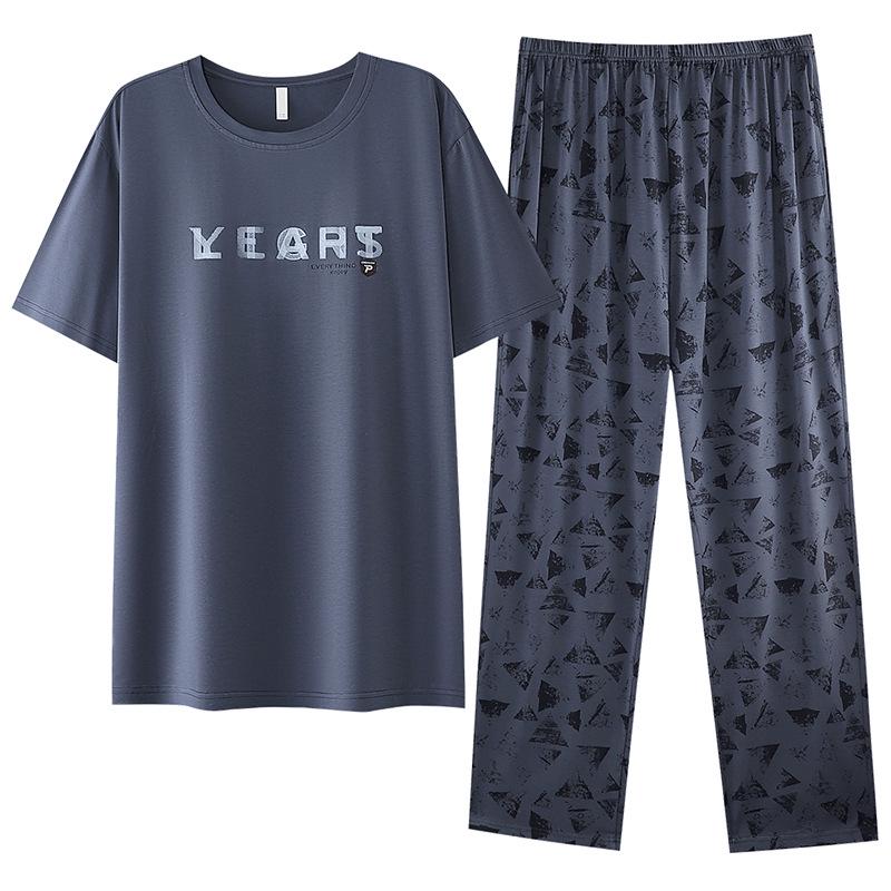 Men's Modal Cotton Pajama Set: Cooling Summer Short Sleeve Top & Long Pants, Luxurious Outdoor-Ready Comfort.