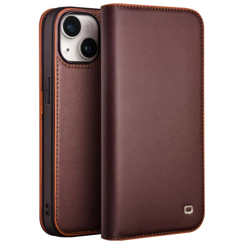 

QIALINO For iPhone 15 Case Anti-Scratch Wallet Genuine Cow Leather Phone Cover Brown
