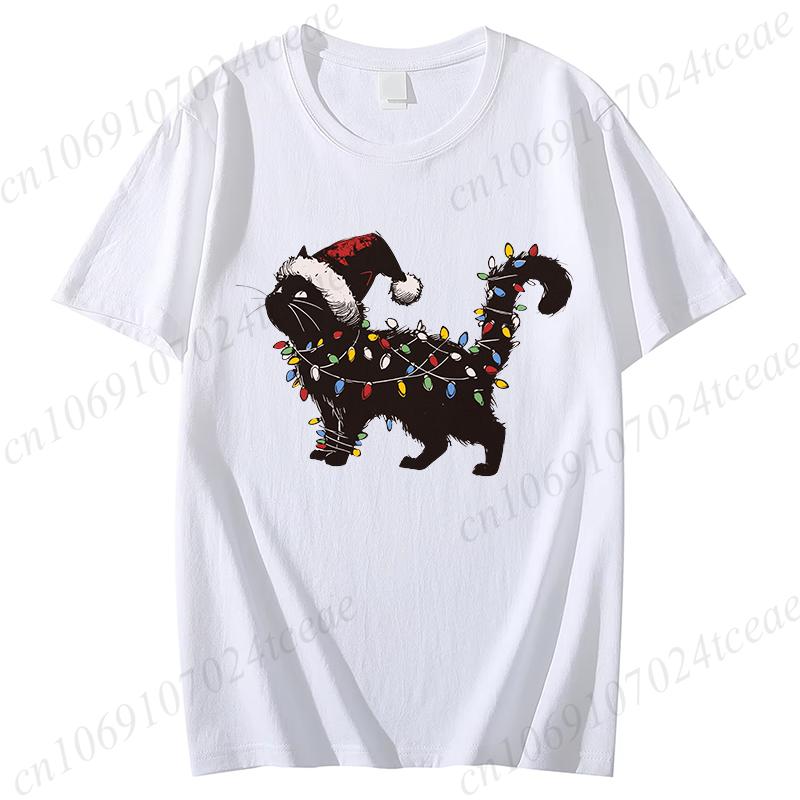 Woman Cute Cat Christmas Graphic Print T-shirt Holiday Tee Shirts Casual O Neck Fashion Short-sleeve Soft Cat Mom Creative Tops